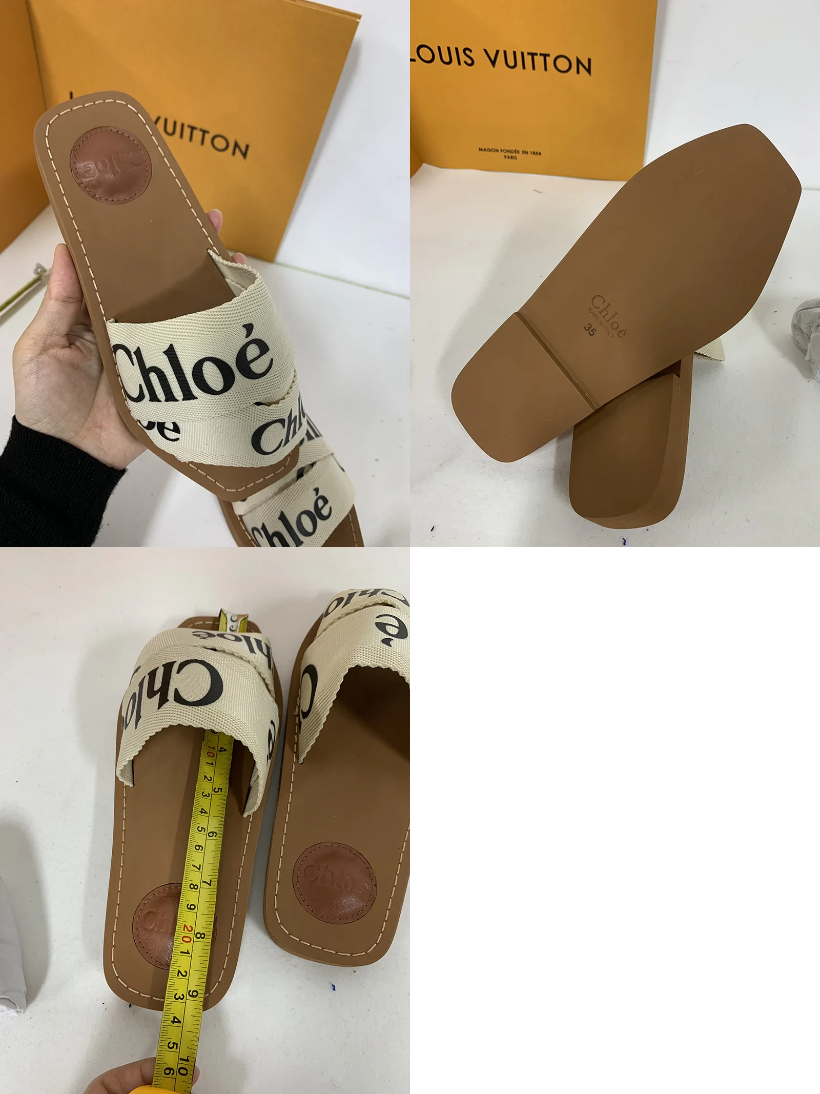 끌로에 우디 로고 프린트 캔버스 슬리퍼