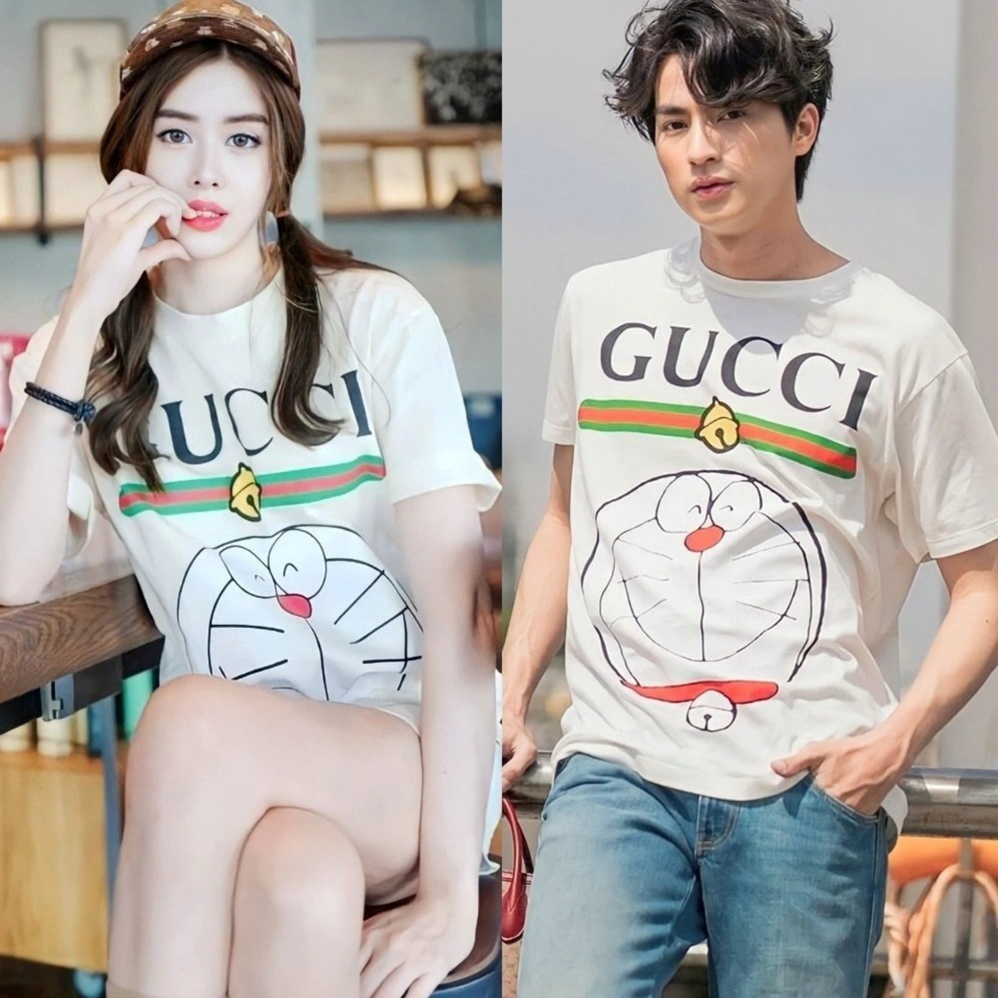 구찌 X 도라에몽 시그니처 로고 반팔 티셔츠 착용 이미지