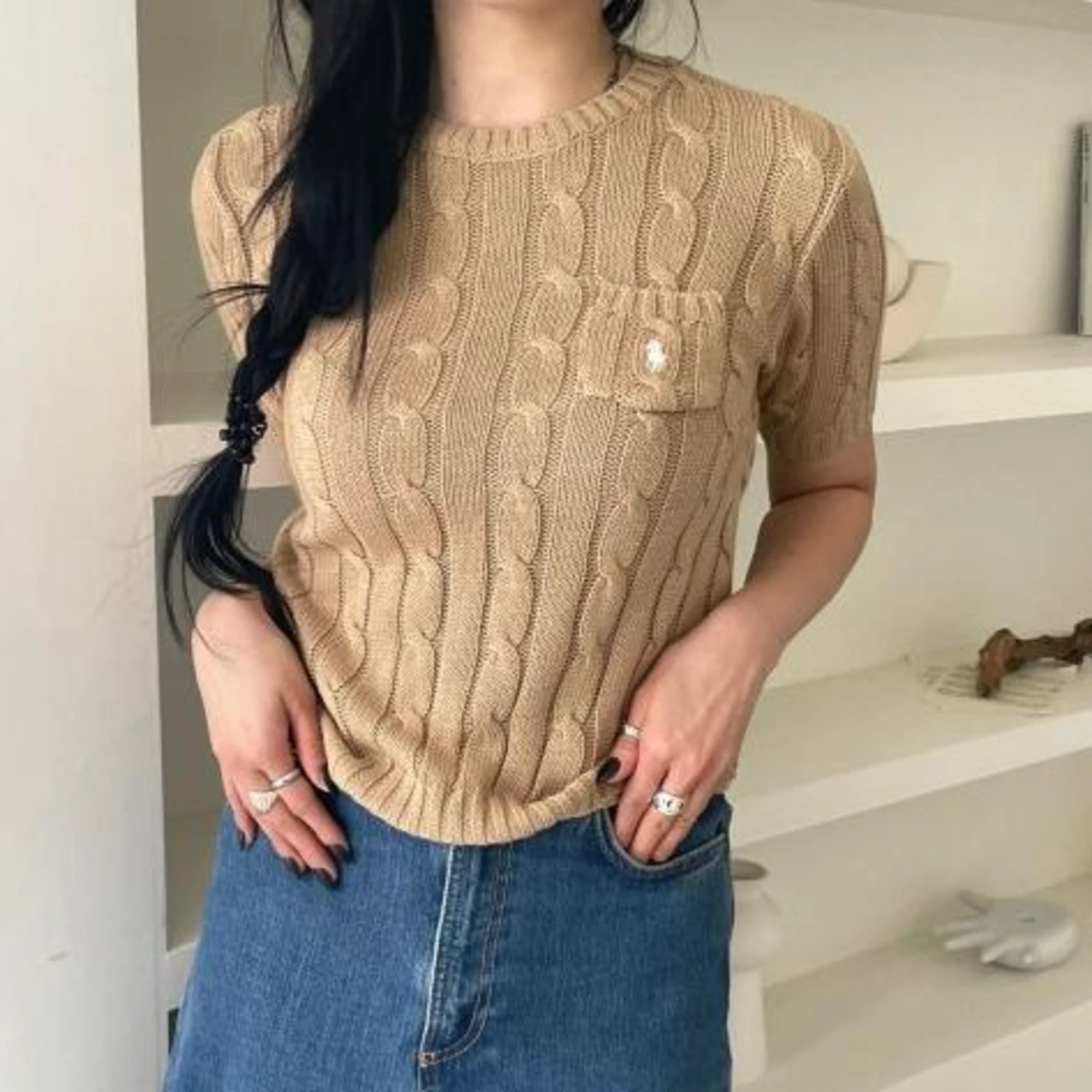 폴로 랄프로렌 케이블 반팔 스웨터 착용 이미지